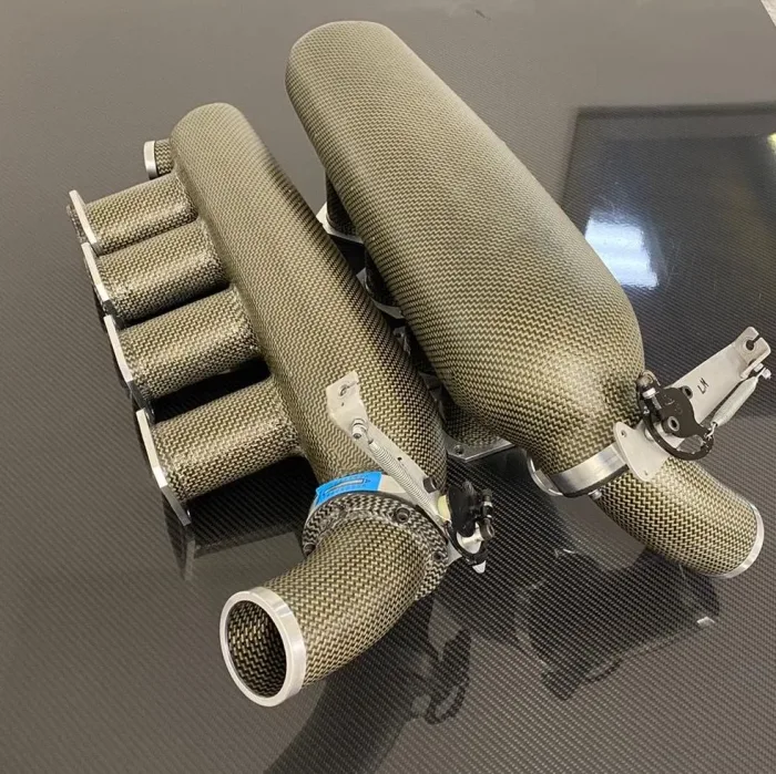 Carbon fibre inlet plenum and trumpets assembled with machined alloy fittings